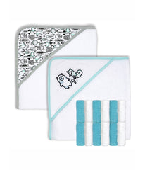 Baby Boys and Baby Girls 14 Pc Hooded Towels Washcloths Set Gray and Aqua