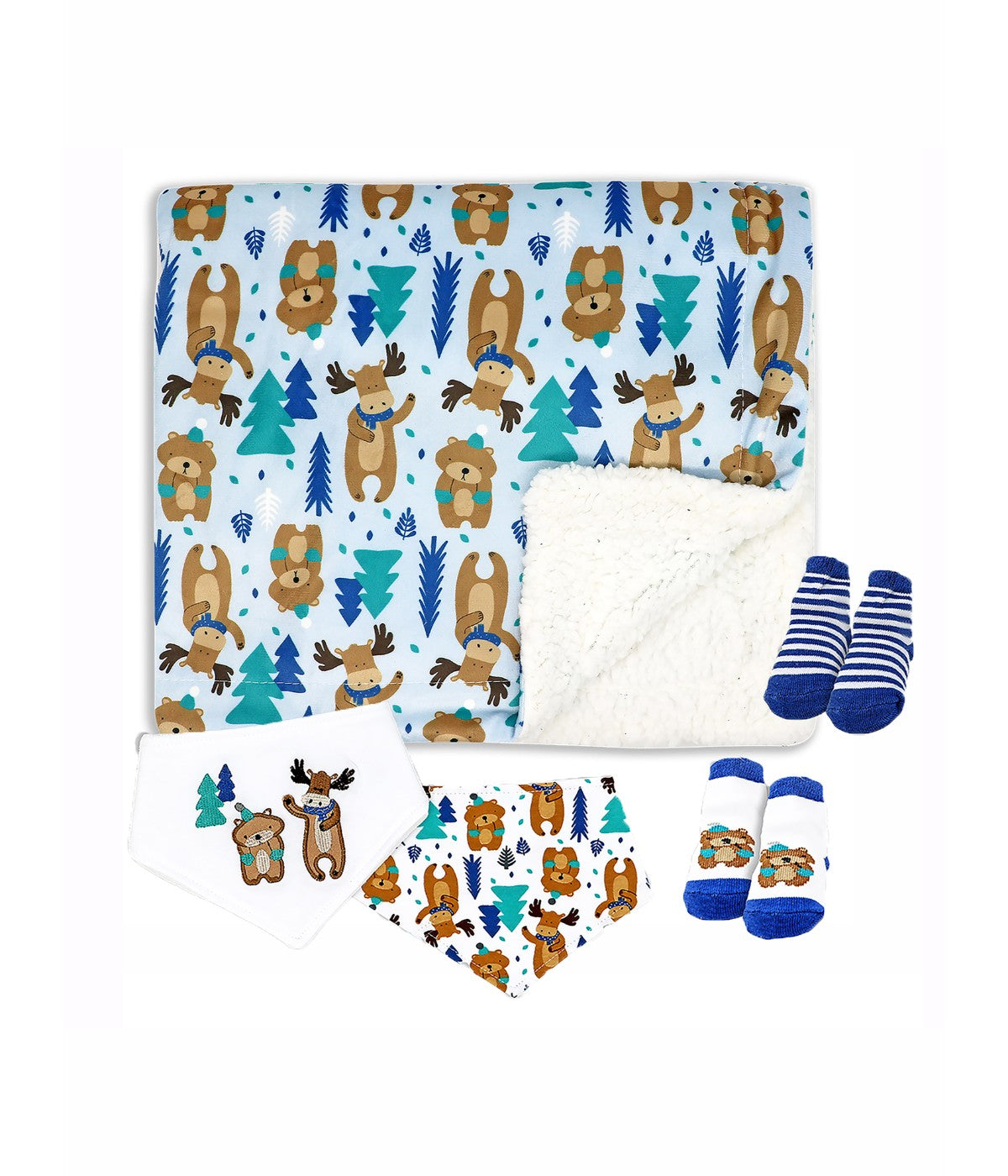  Jesse & Lulu Baby Boys and Baby Girls Minky Blanket with 4 Piece Baby Accessory Gift Set Blue Moose - Blue Moose - Bonton