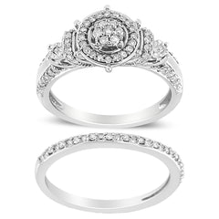 .925 Sterling Silver 1/3 Cttw Diamond 7 Stone Cluster And Halo Engagement Ring And Wedding Band Set (I-J Color, I1-I2 Clarity) - Size 8