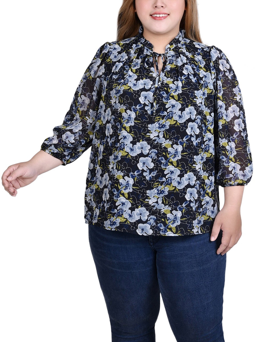  NY Collection Plus Size 3/4 Sleeve Chiffon Blouse - Black Lace Floral - Bonton