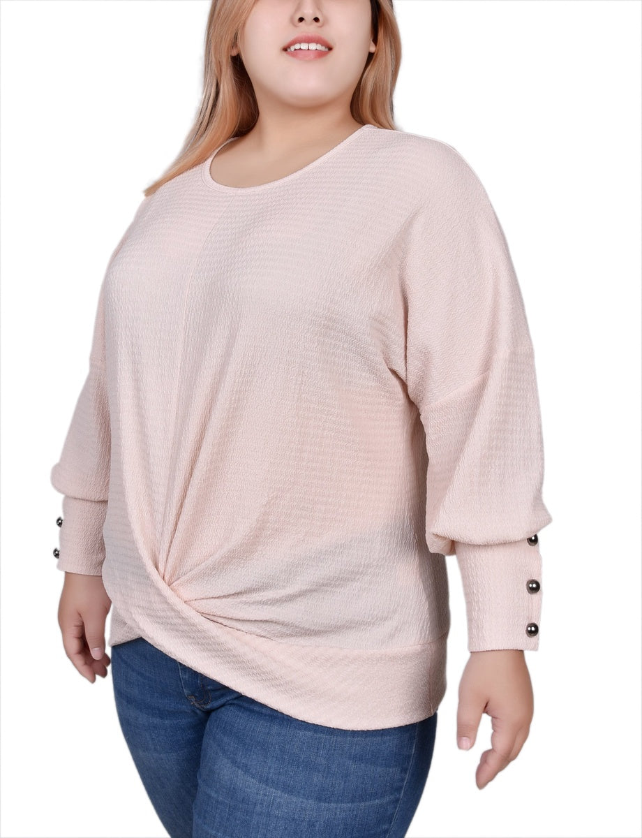  NY Collection Plus Size Long Sleeve Textured Knit Top - Shell Pink - Bonton