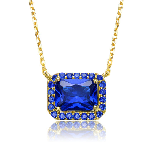 14k Yellow Gold Plated With Radiant Cut Blue Sapphire Cubic Zirconia Solitaire Halo Petite Pendant Necklace