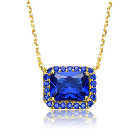 14k Yellow Gold Plated With Radiant Cut Blue Sapphire Cubic Zirconia Solitaire Halo Petite Pendant Necklace