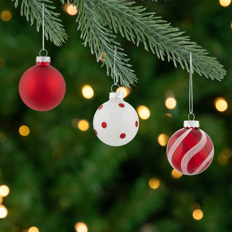 12ct Red and White Glass 3-Finish Christmas Ball Ornaments 1.75" (40mm)