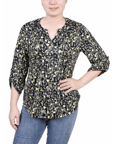 Petite 3/4 Roll Tab Sleeve Y Neck Top