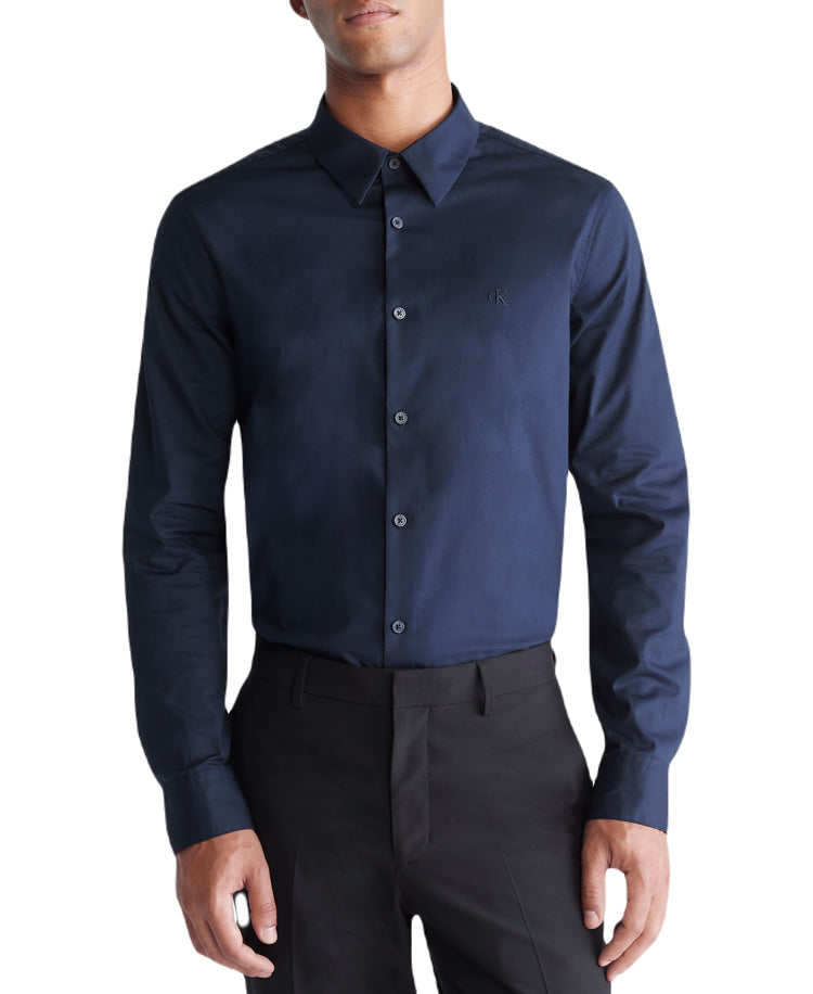 Long Sleeve Solid Stretch Slim Woven Shirt Navy