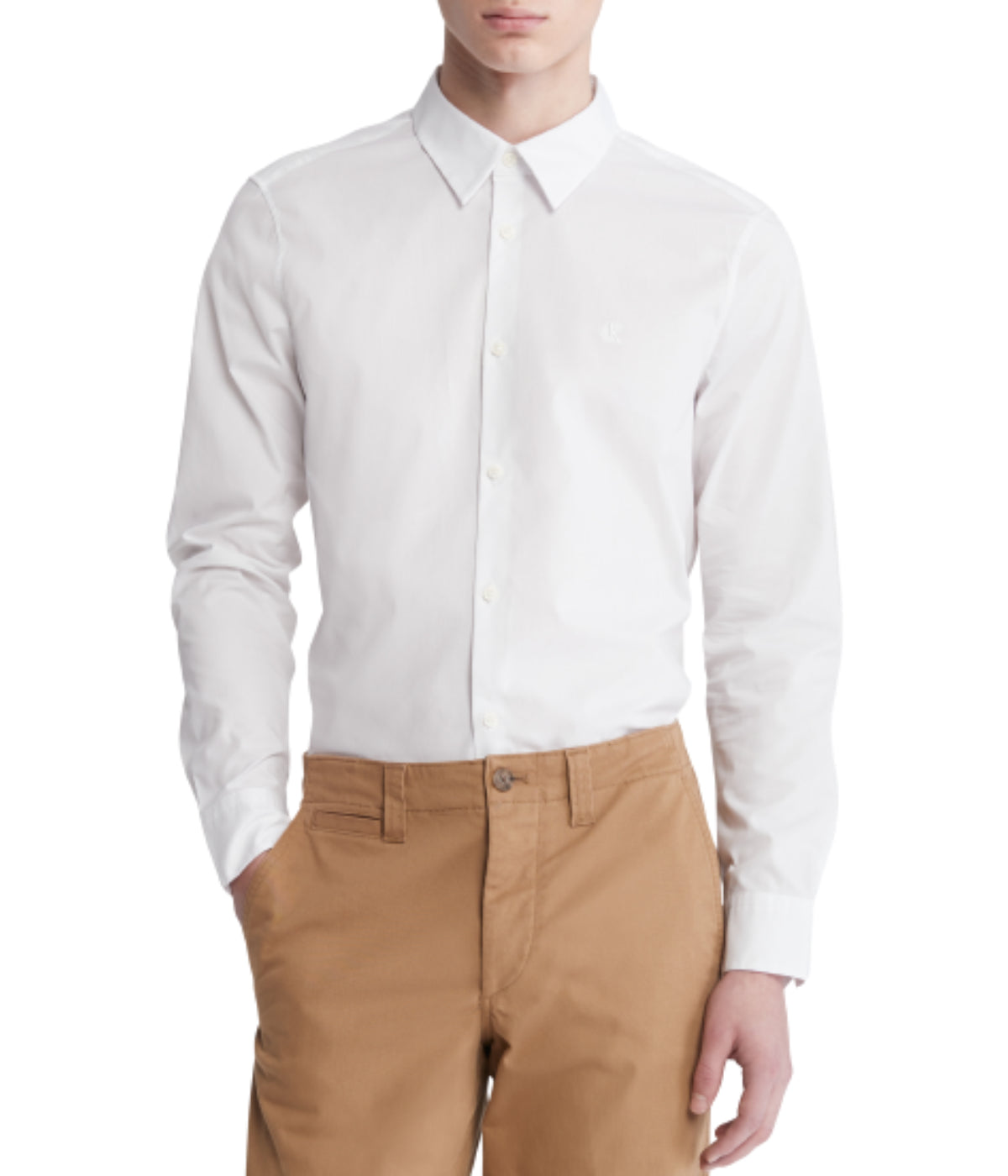  Calvin Klein Long Sleeve Solid Stretch Slim Woven Shirt White - White - Bonton