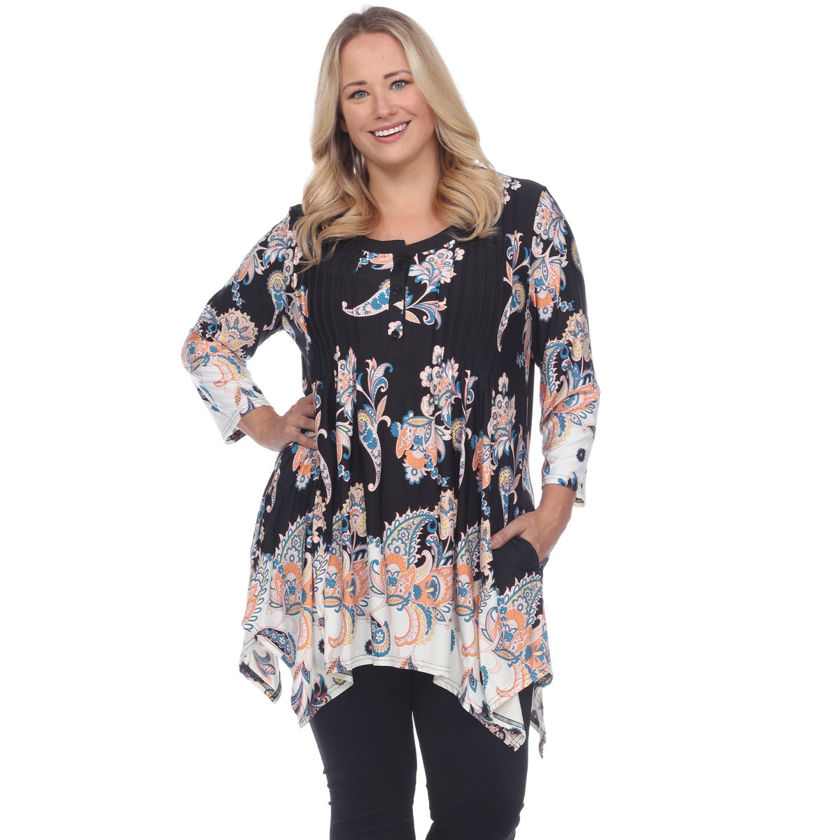  White Mark Plus Size Paisley Scoop Neck Tunic Top With Pockets - 3X - Bonton