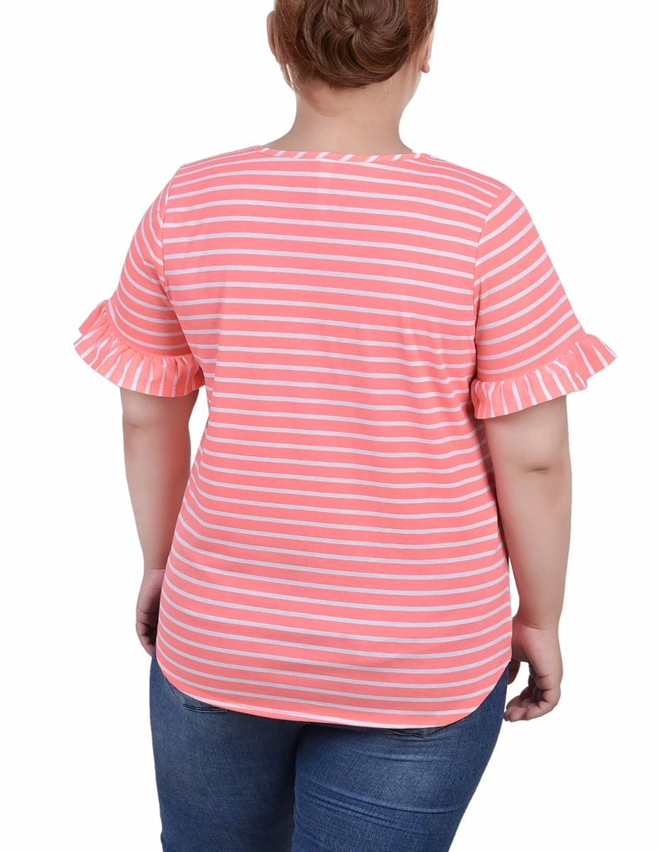  NY Collection Plus Size Short Bell Sleeve Top - Navy Double Stripe - Bonton