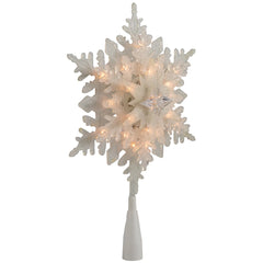 10" Lighted White Frosted 3-D Snowflake Christmas Tree Topper - Clear Lights