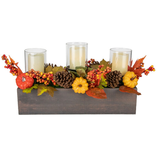 27" Pumpkin  Berry and Pine Cone Fall Harvest Triple Pillar Candle Holder