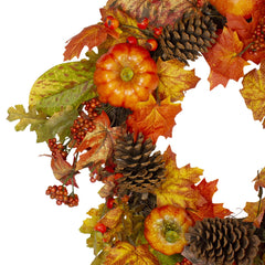 Orange Pumpkins  Pine Cones and Berries Fall Harvest Wreath - 24 Inch  Unlit