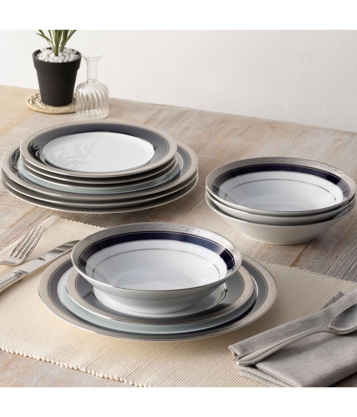  Noritake Crestwood 12 Piece Set, Service for 4 - Cobalt Platinum - Bonton