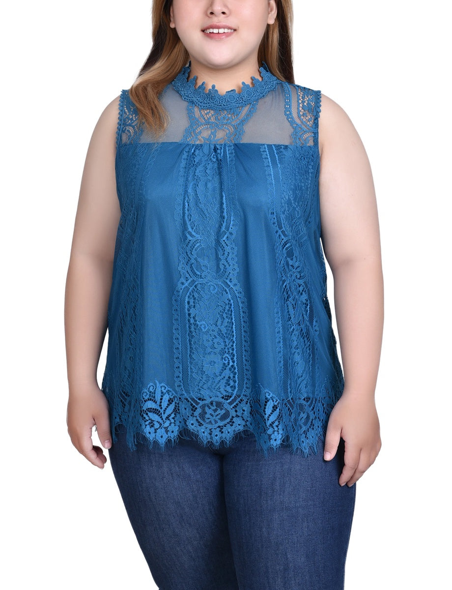  NY Collection Plus Size Sleeveless Mock Neck Lace Top - Black Nude - Bonton