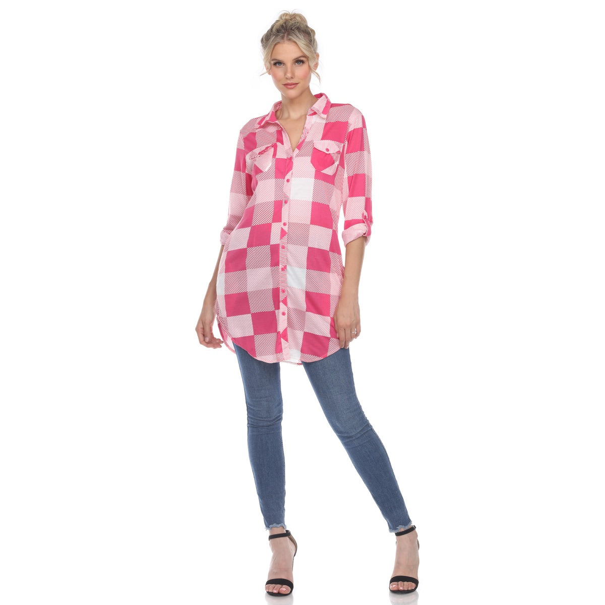  White Mark Women's Plaid Button Down Tunic Top - S - Bonton