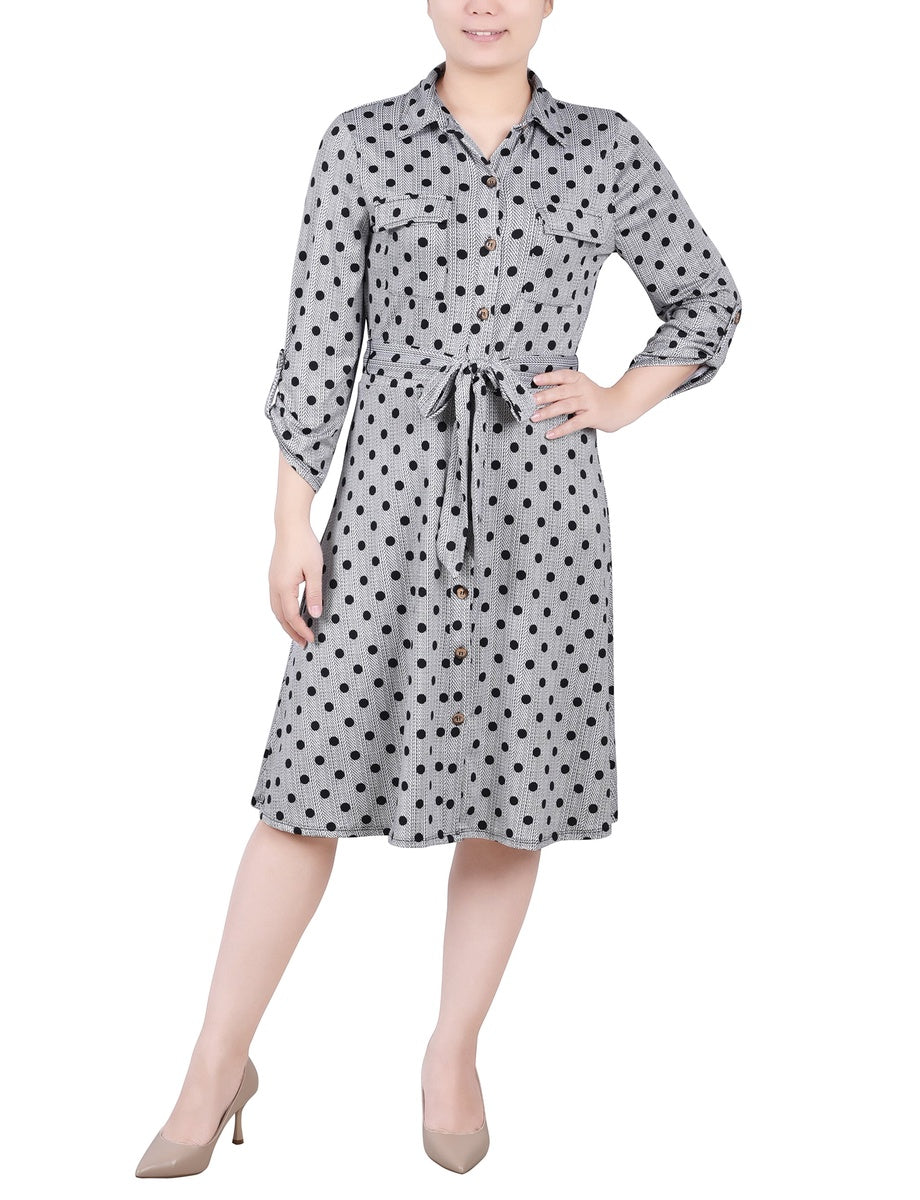  NY Collection Petite 3/4 Slv Roll Tab Shirtdress - Black Gold Harlie - Bonton