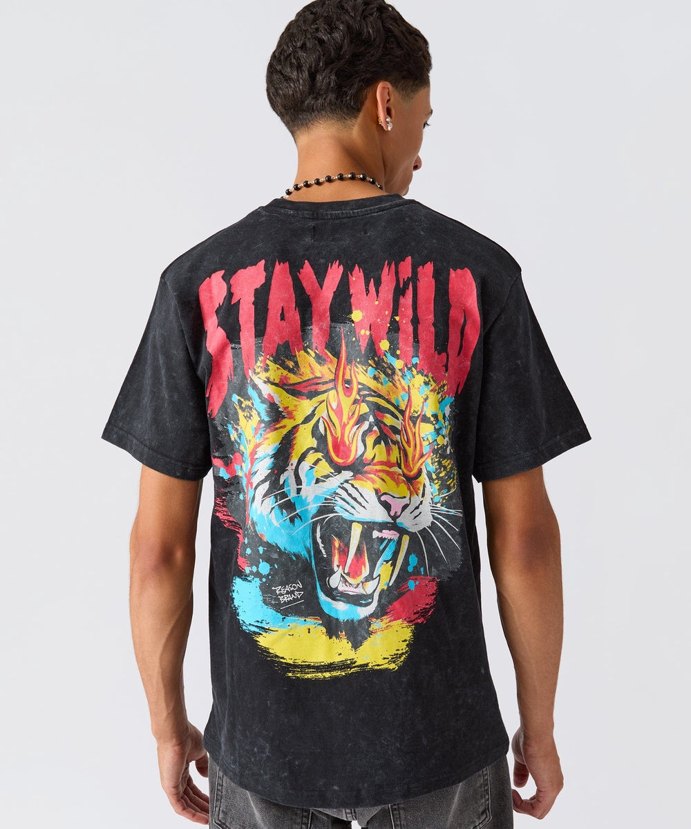  Reason Clothing Stay Wild Embroidered Short Sleeve Tee - Charcoal - CHARCOAL - Bonton