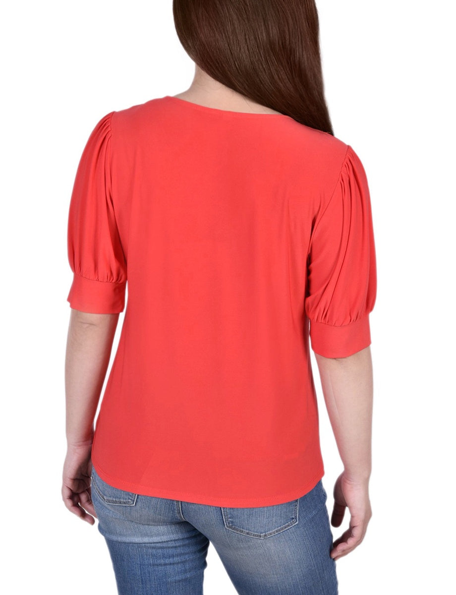  NY Collection Short Sleeve Balloon Sleeve Top With Hardware - Samoan Sun - Bonton