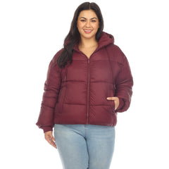 Plus Size Full Front Zip Hooded Bomber Puffer Coat