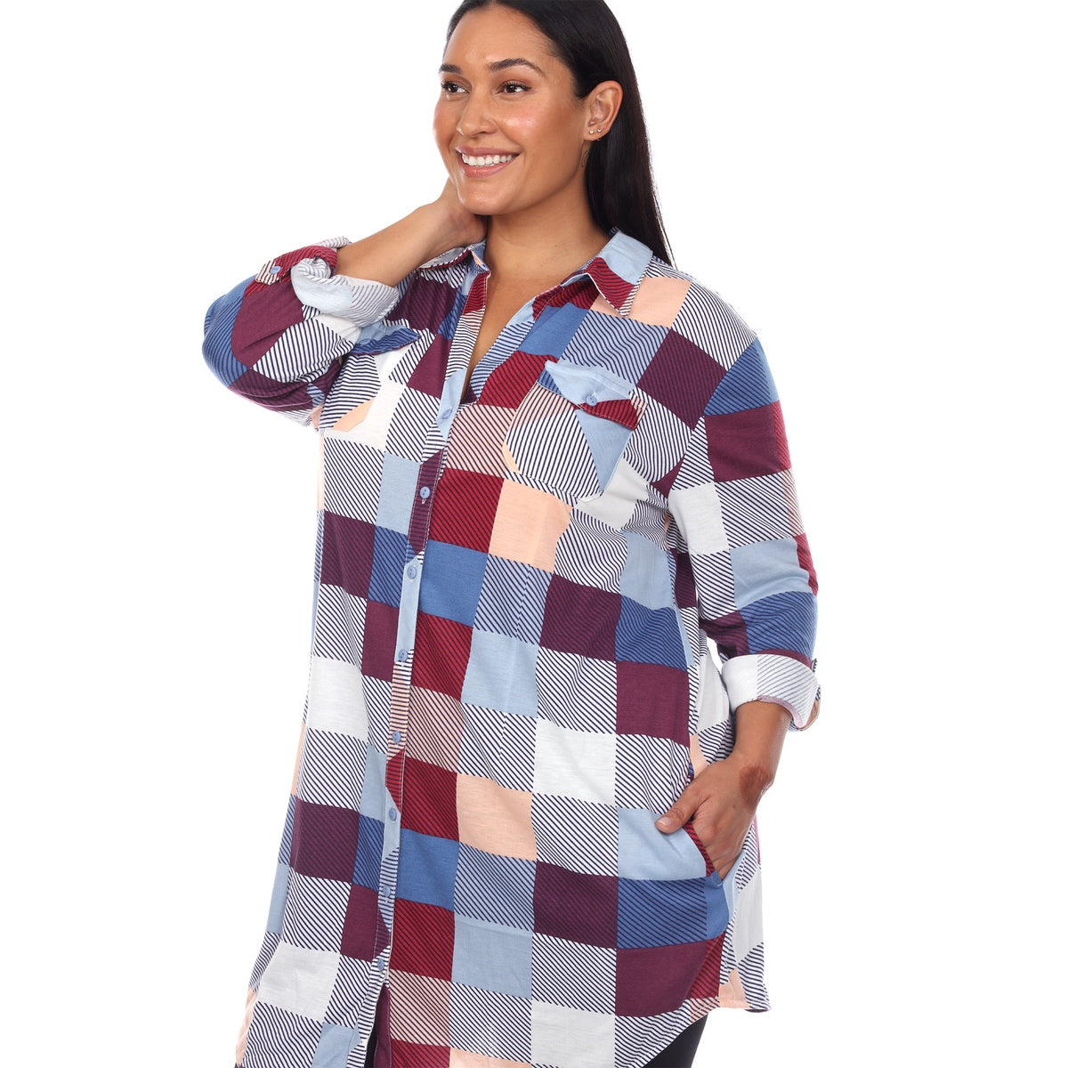  White Mark Plus Size Plaid Button Down Tunic Shirt - 1X - Bonton