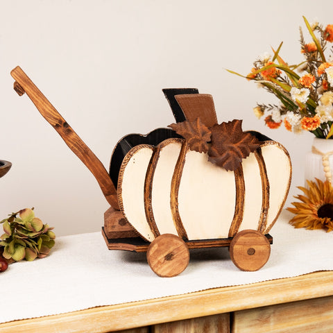 Fall Harvest Wooden Pumpkin Cart Decoration - 10.5"