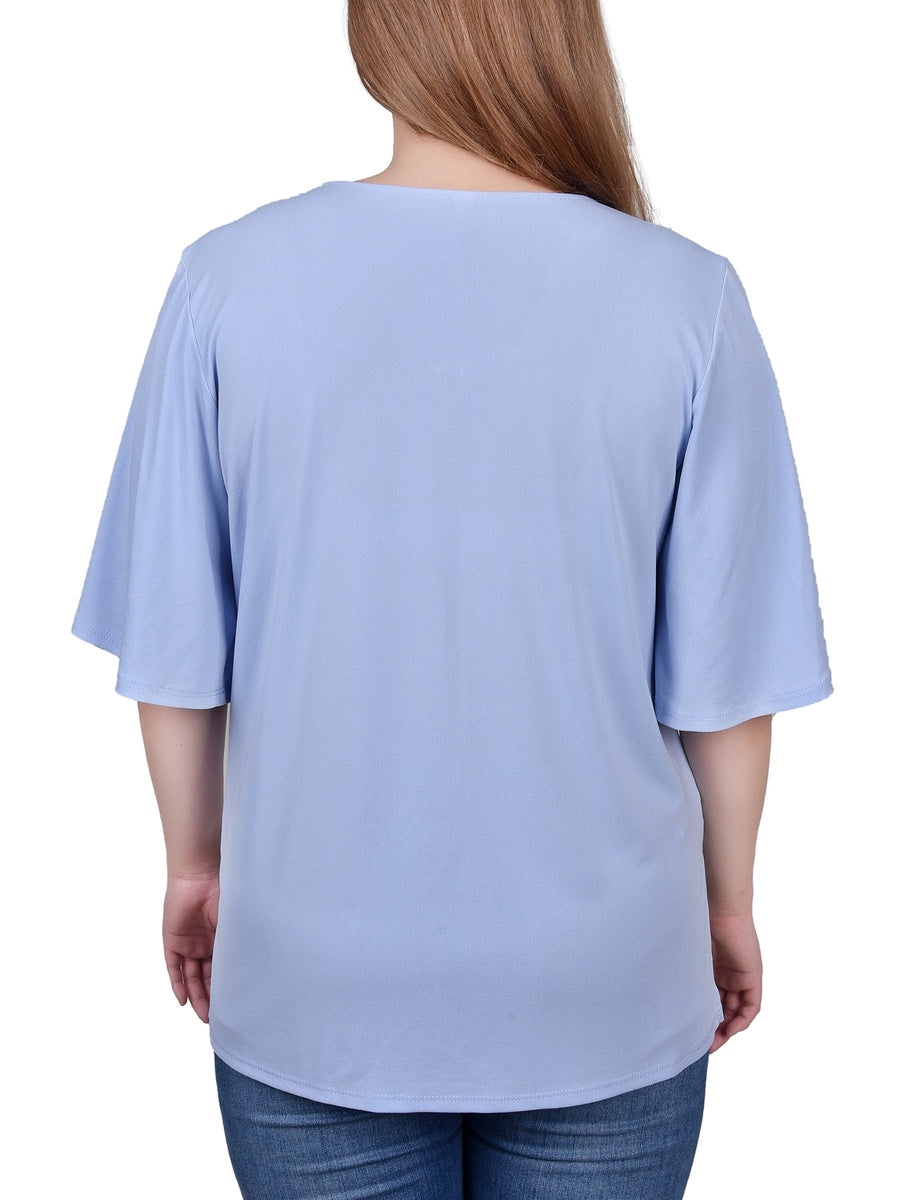  NY Collection Petite Elbow Sleeve Tie-Front Top - Blue Heron - Bonton