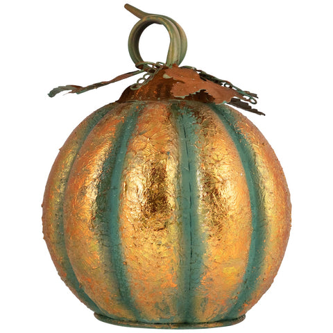 Autumn Harvest Pumpkin Metal Decoration - 13" - Orange and Green