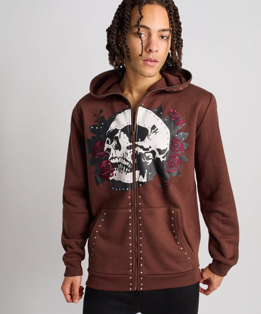 Grind Over Glory Rhinestone Full Zip Hoodie - Brown