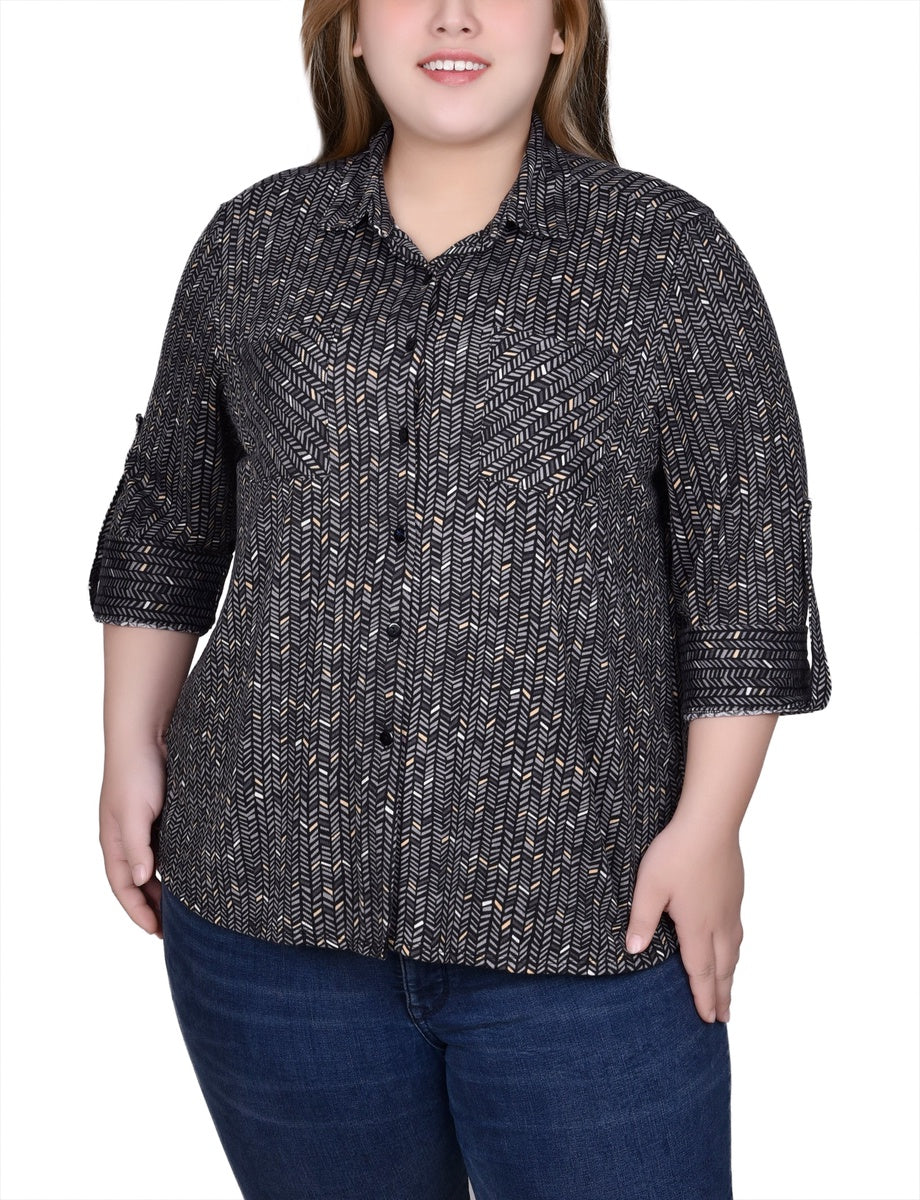  NY Collection Plus Size Long Sleeve Button Front Tunic Top - Rust Denim Plaid - Bonton