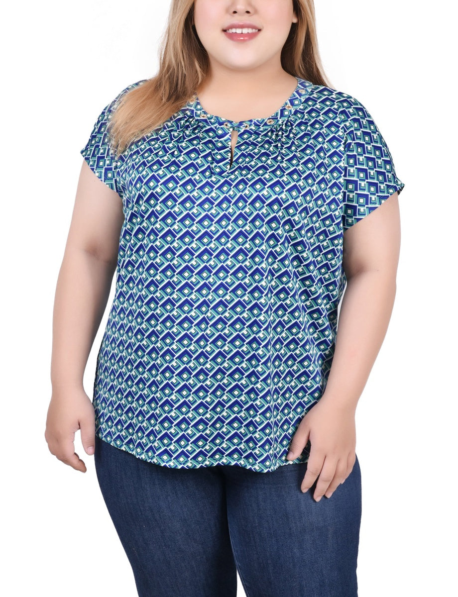  NY Collection Plus Size Extended Sleeve Top With Grommets - Black Blue Taupe Abstract - Bonton