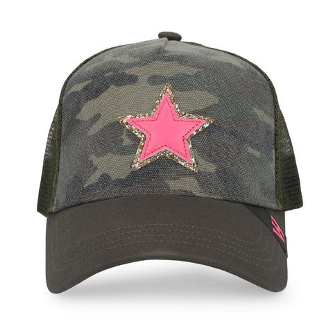 Vintage Havana Trucker Hat for Women – Camo Canvas & Mesh Adjustable Cap With Neon Pink Star