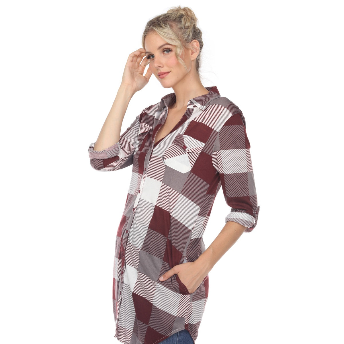  White Mark Women's Plaid Button Down Tunic Top - S - Bonton