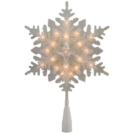 10" Lighted White Frosted 3-D Snowflake Christmas Tree Topper - Clear Lights