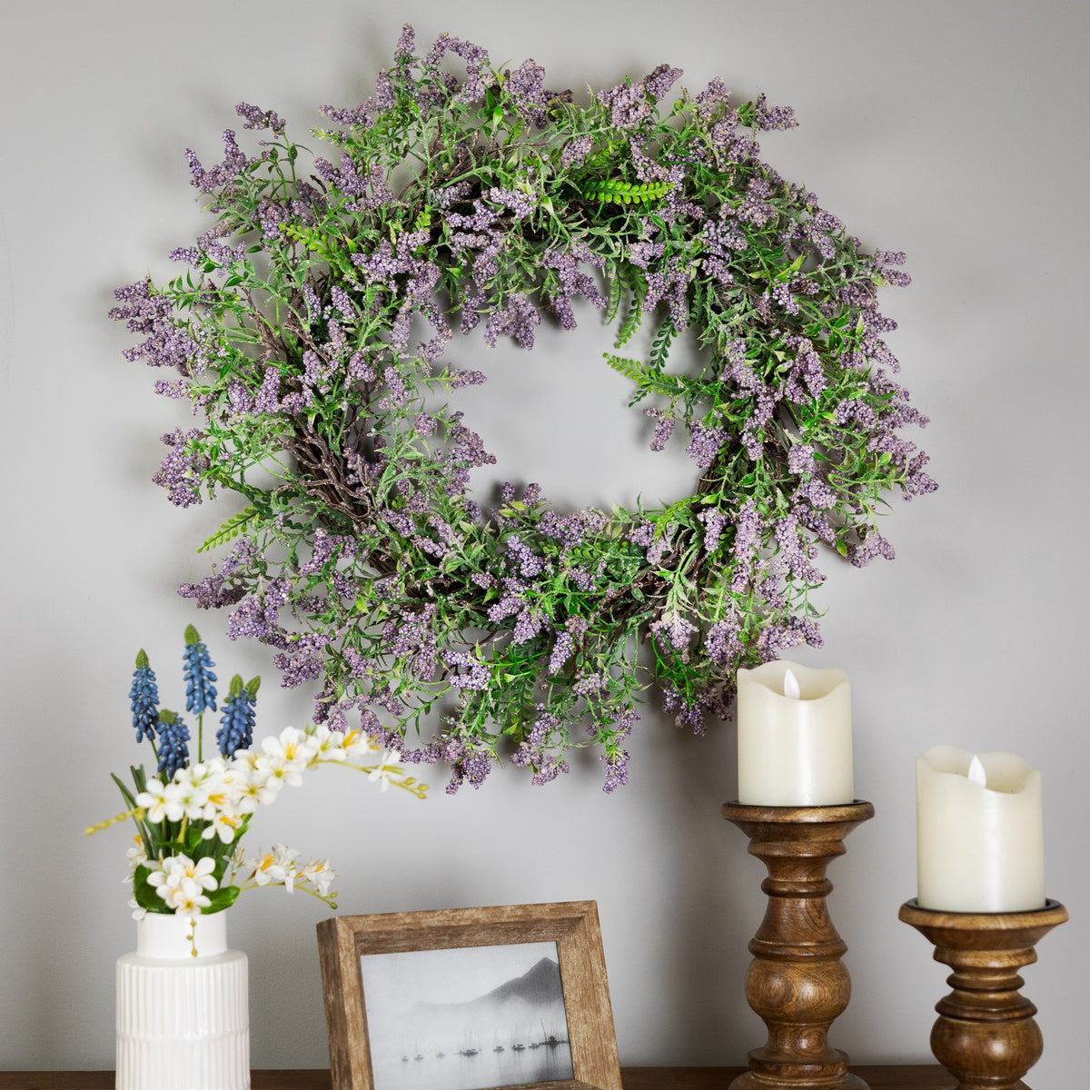  Northlight Lavender and Leaves Spring Floral Artificial Wreath - 22