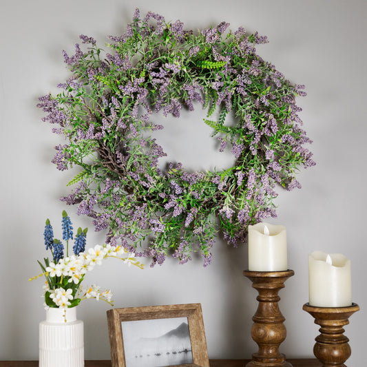 Lavender and Leaves Spring Floral Artificial Wreath - 22" - Purple