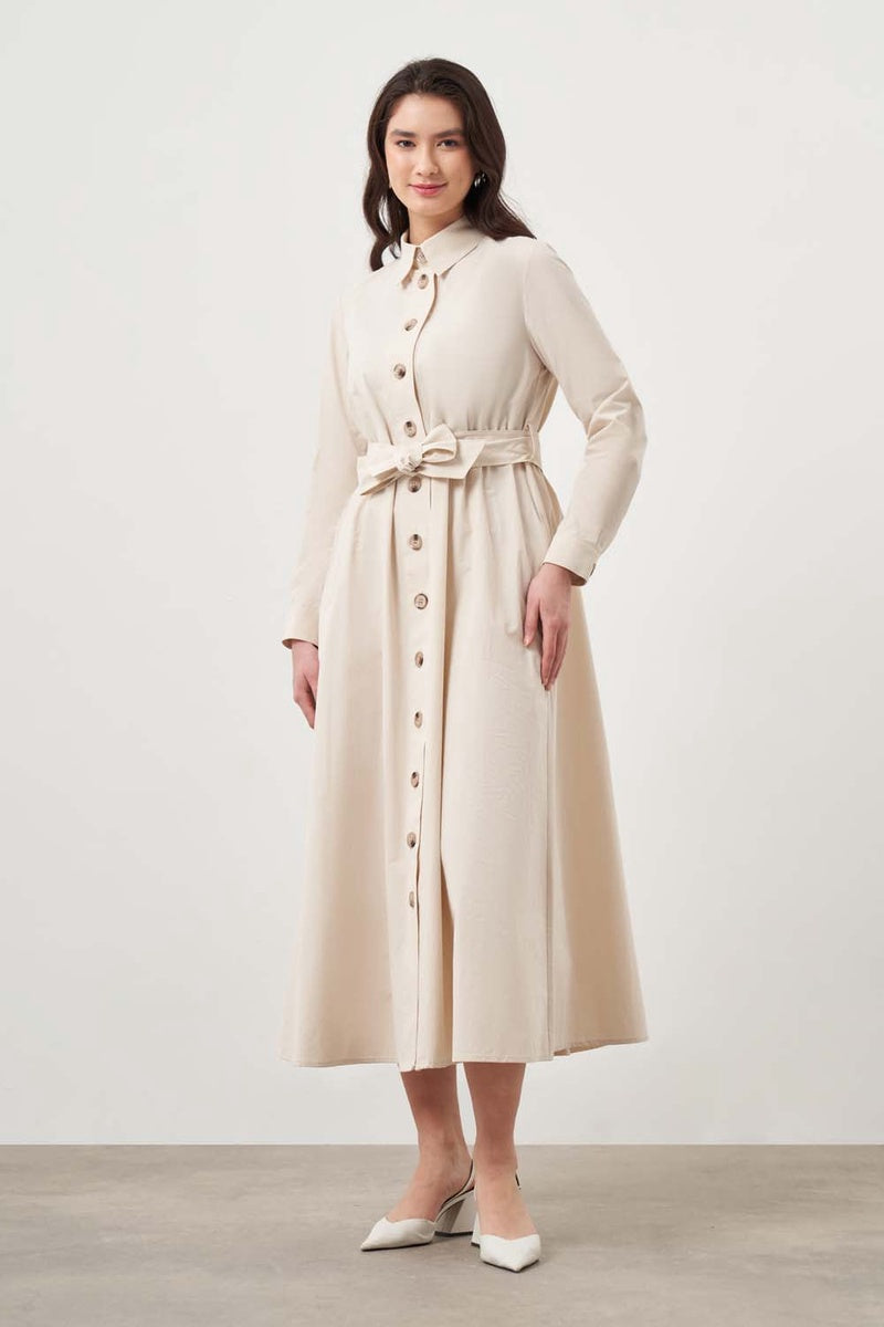  Mizalle Mizalle-Button Up Belted Dress-Beige - Beige - Bonton