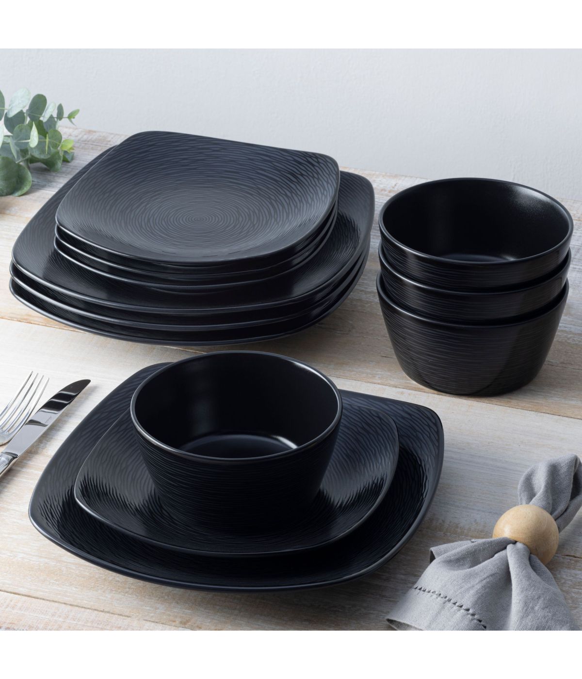  Noritake Colorscapes Swirl 12 Piece Square Set, Service for 4 - Black - Bonton