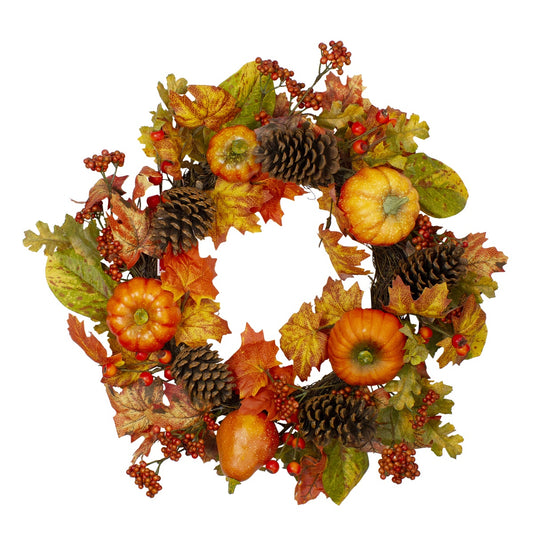 Orange Pumpkins  Pine Cones and Berries Fall Harvest Wreath - 24 Inch  Unlit