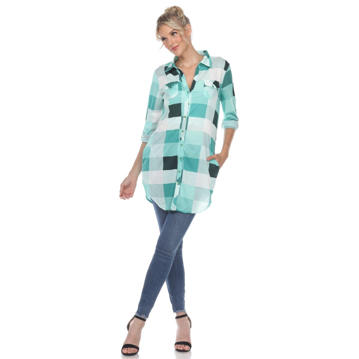  White Mark Women's Plaid Button Down Tunic Top - S - Bonton