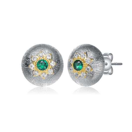 Rhodium and 14K Gold Plated Emerald Cubic Zirconia Stud Earrings