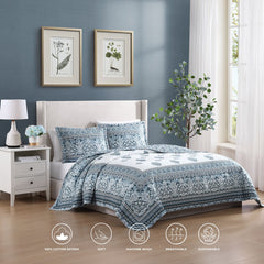 Bebejan Aquamarine Medallion 3 Piece Reversible Quilted Coverlet Set