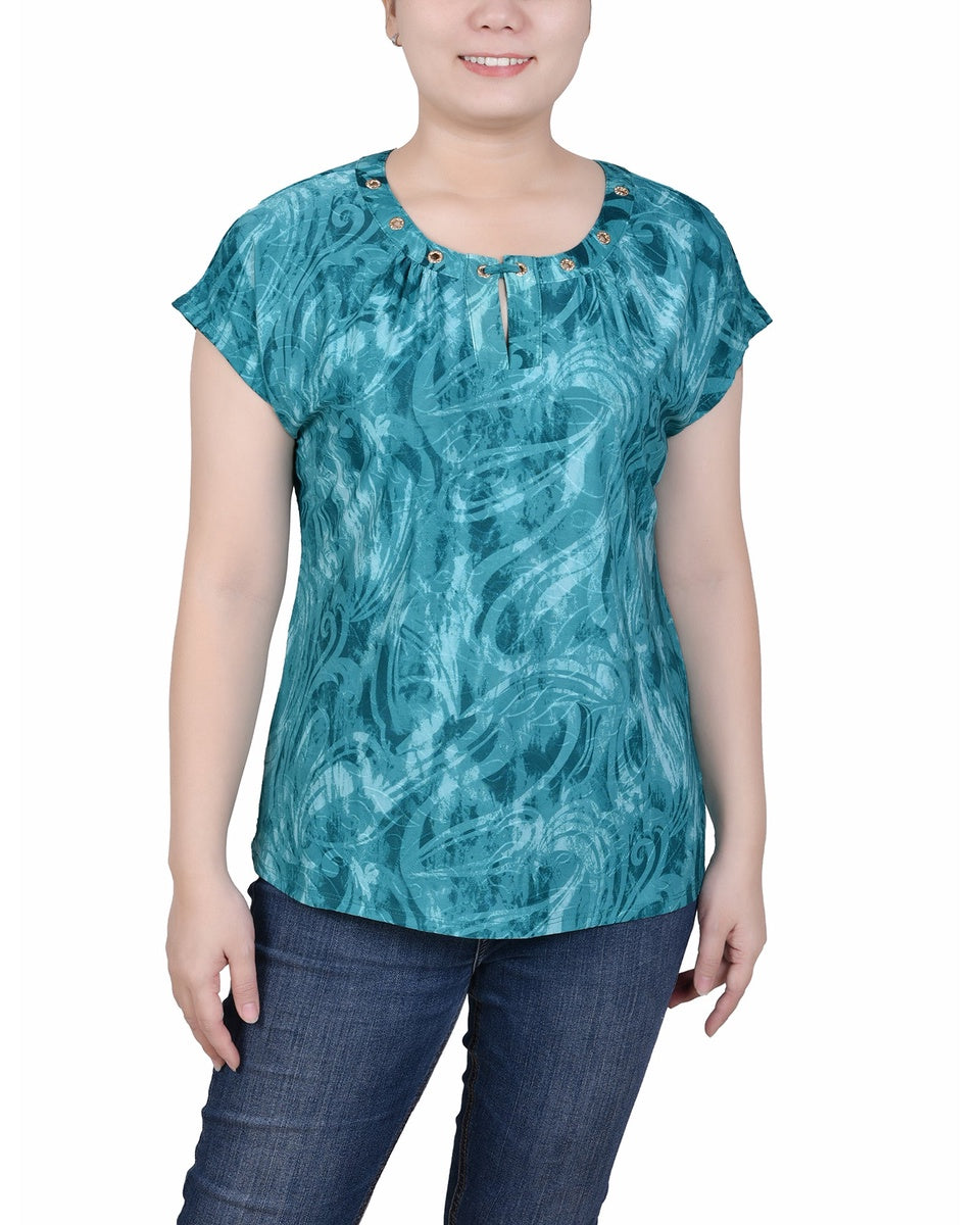  NY Collection Extended Sleeve Top With Grommets - Emerald Waves - Bonton