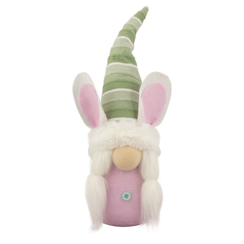 13" Pink and Green Gnome Girl With Bunny Ears Easter Figure