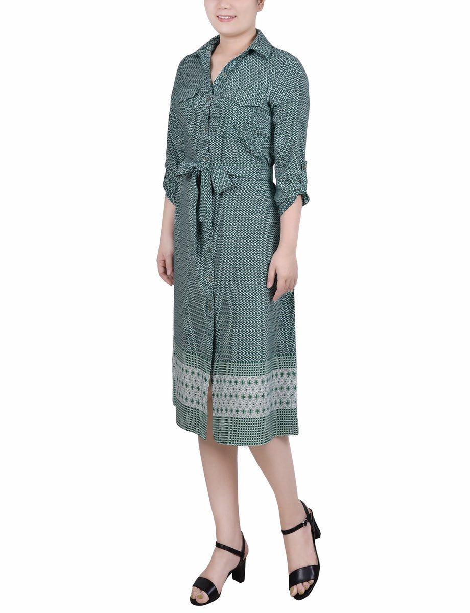  NY Collection 3/4 Roll Tab Sleeve Belted Shirtdress - Black Border - Bonton