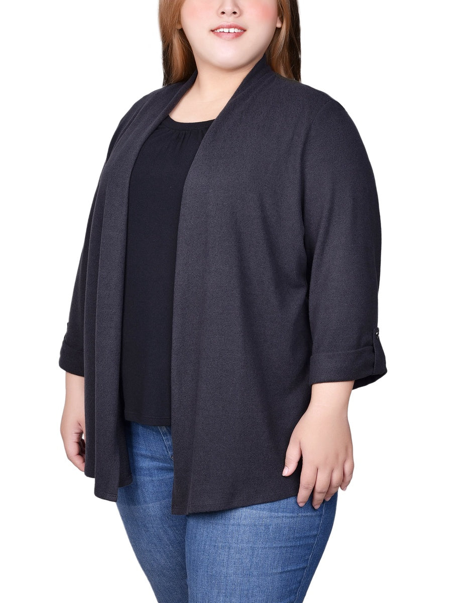  NY Collection Plus Size Roll Tab Sleeve 2Fer Set - Charcoal Grey - Bonton