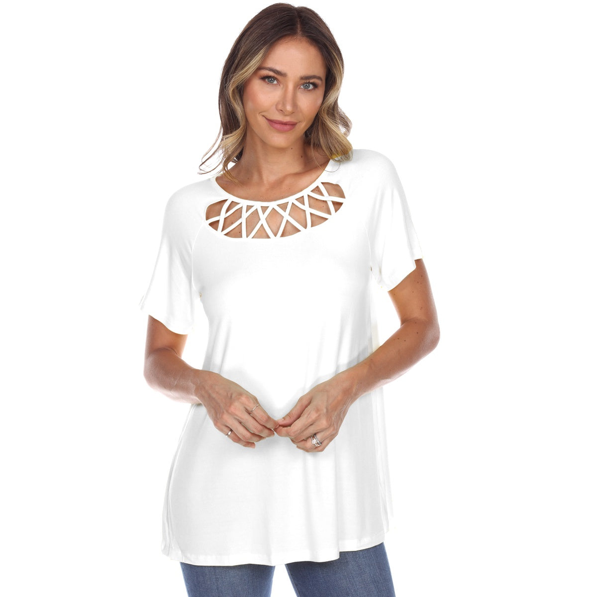  White Mark Women's Crisscross Cutout Short Sleeve Top - S - Bonton