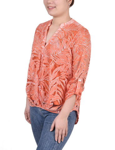 Long Sleeve Burnout Y Neck Blouse