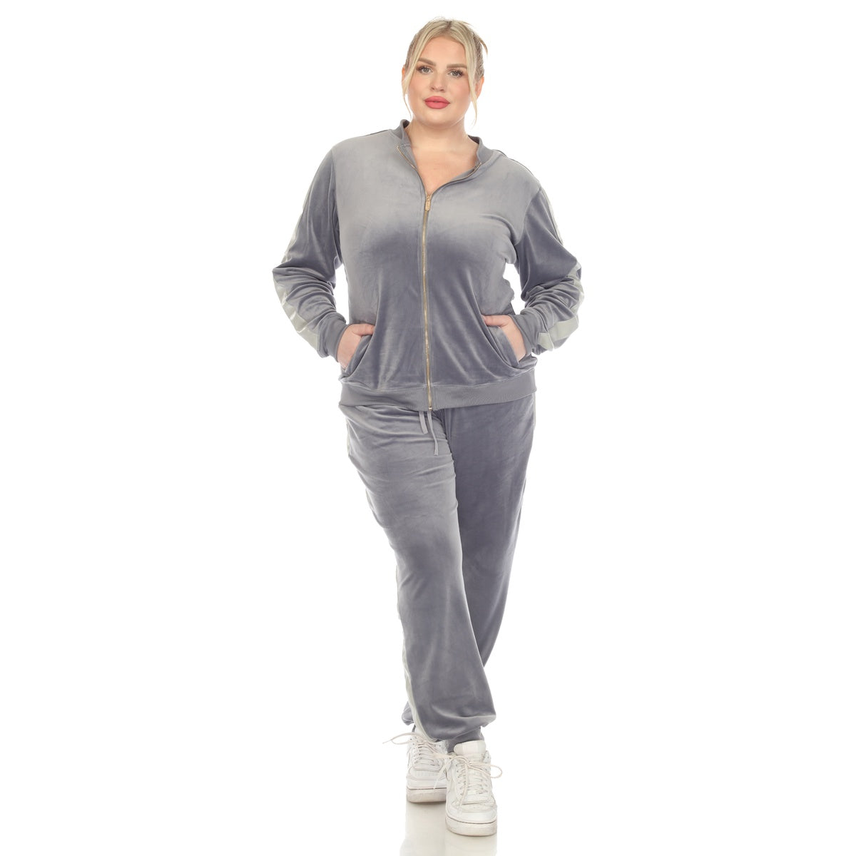  White Mark Plus Size 2-Piece Velour With Faux Leather Stripe - 1X - Bonton