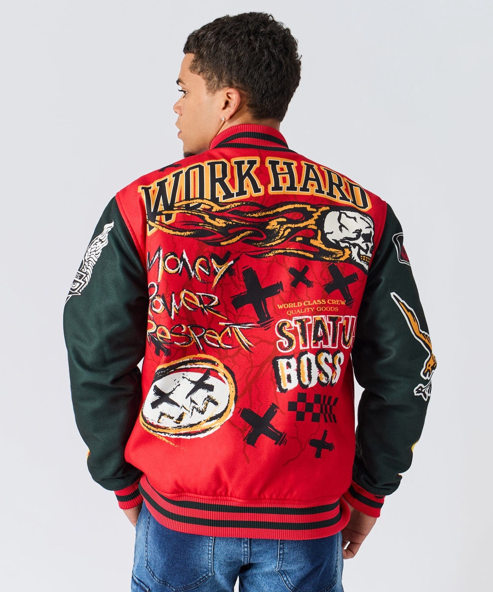  Reason Clothing Work Hard Chenille Patched Varsity Jacket - Red - RED - Bonton