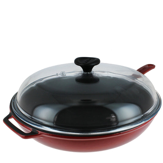 Chasseur French Enameled Cast Iron Fry Pan With Cast Iron Handle and Glass Lid, 11-Inch, Red